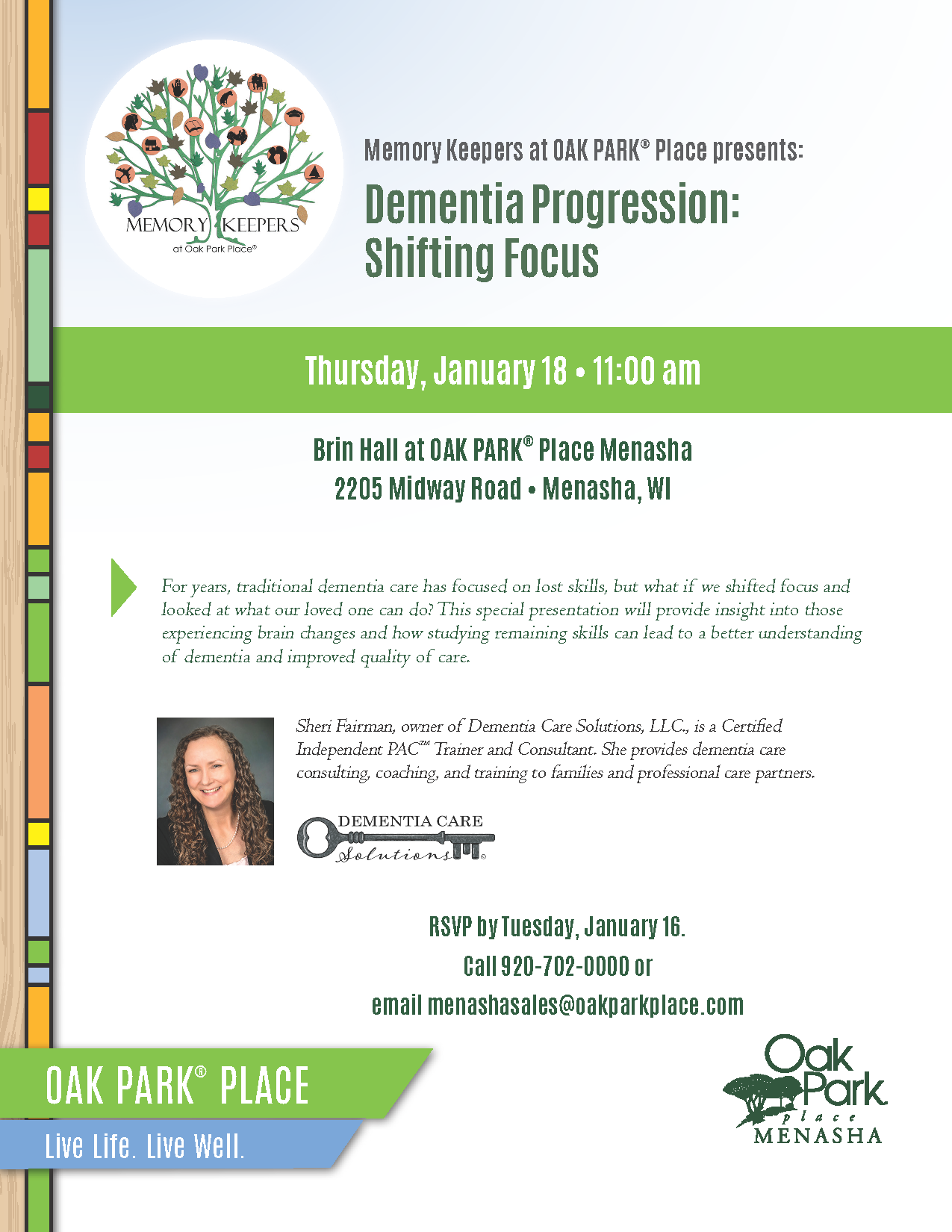 Flyer for presentation on January, 18, 2024. Dementia Progression: Shifting Focus